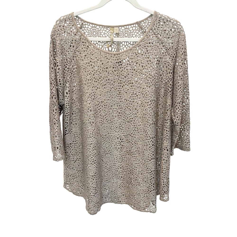 Comfy USA Artsy Boho Open Knit Tunic Top Taupe Crochet USA Made - Size XL